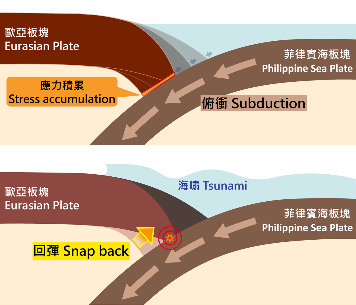 HKO's seismic_services 圖2 (上) 菲律賓海板塊俯衝至歐亞板塊之下,應力在兩塊板塊之間積累;(下) 歐亞板塊回彈以釋放累積的應力,產生地震及海嘯。